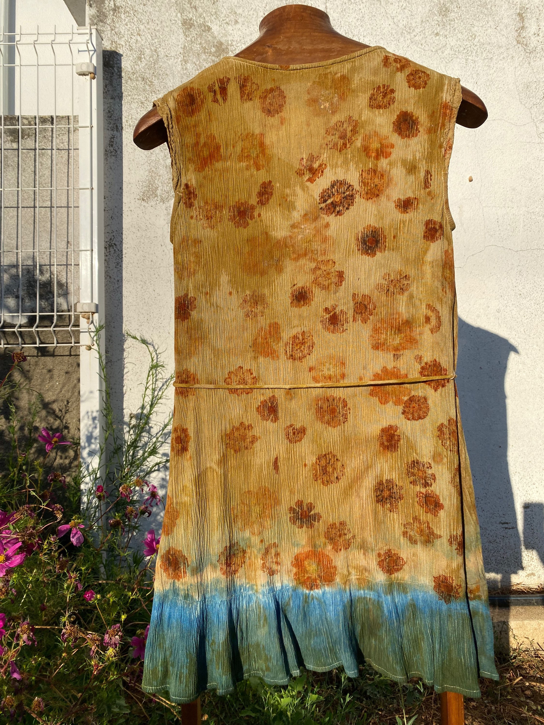 Indigo, marigold, and coreopsis dress