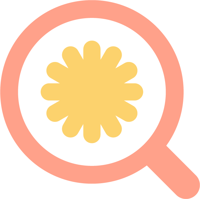 pink magnifying glass icon with yellow flower shape inside