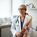 a female middle aged doctor in a lab coat holding a saxophone