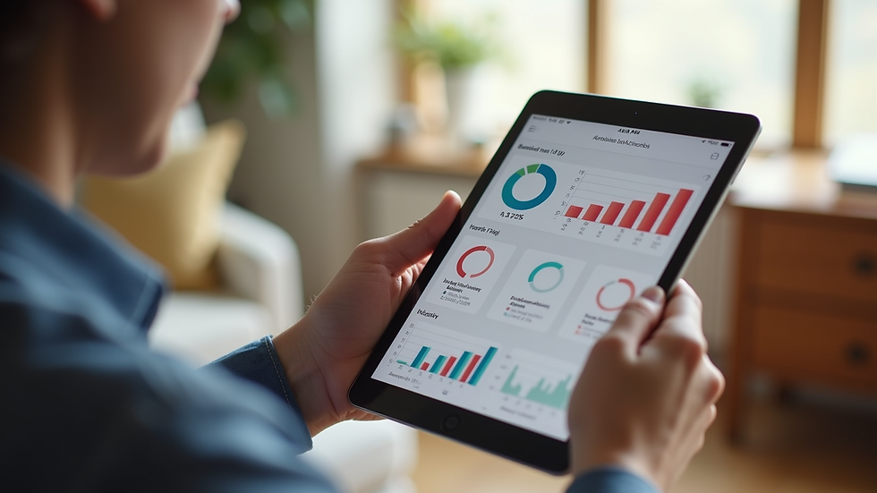 Vista lateral de un anfitrión revisando reportes financieros en una tablet