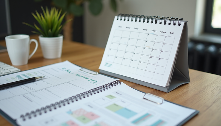 Plano de trabajo con calendario y lista de tareas para gestión de propiedades