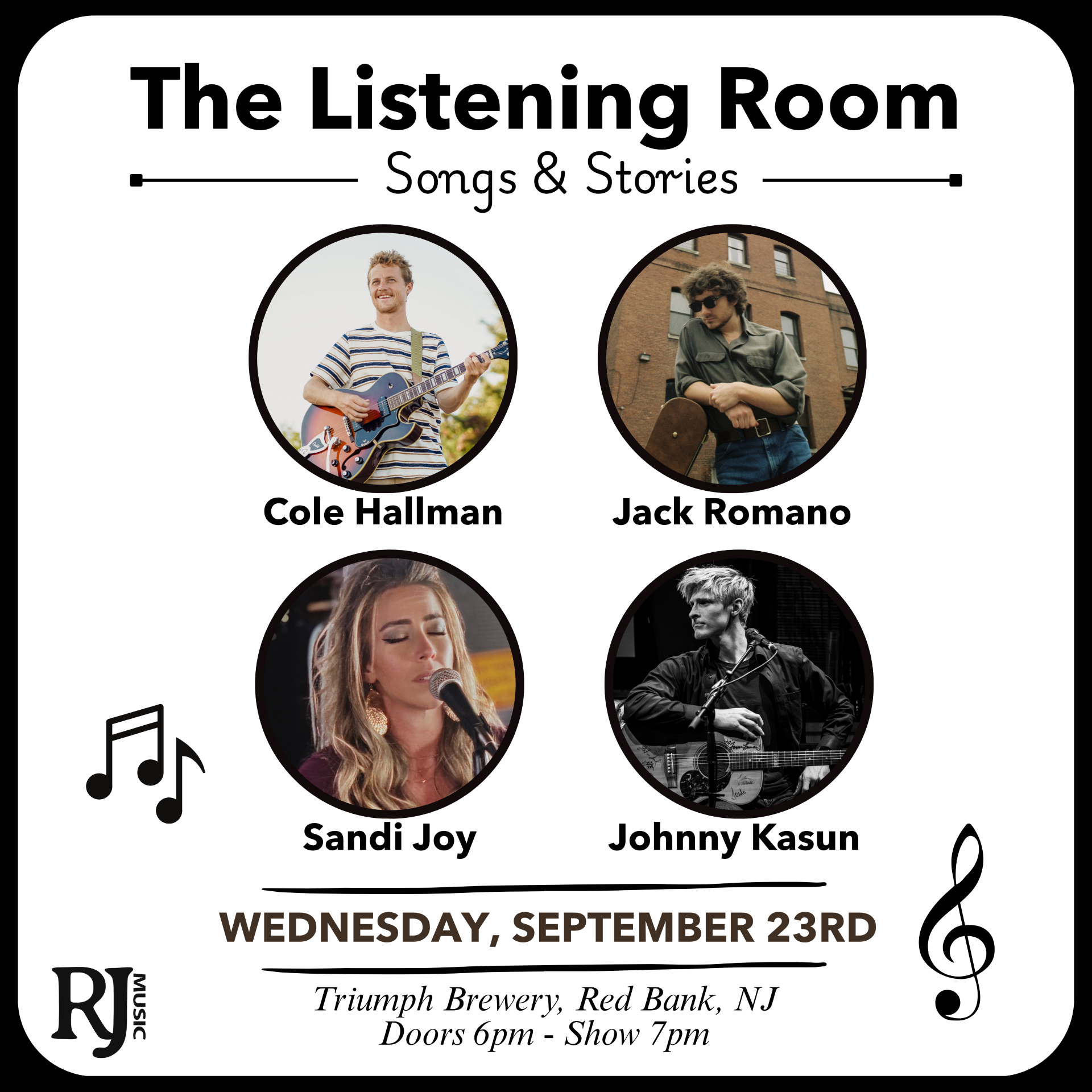 An atmospheric concert flyer for the Songs and Stories event featuring three prominent songwriters.