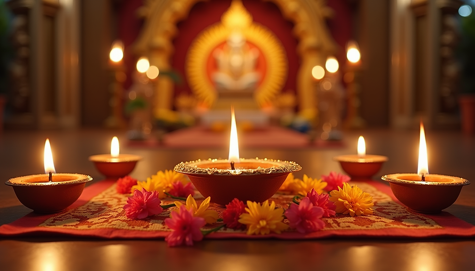 Beautifully lit Saraswati Puja altar with diya lamps and marigold flowers