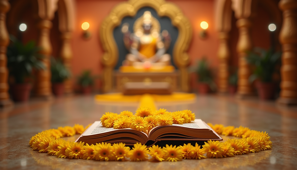 Open book surrounded by yellow marigold flowers with Goddess Saraswati idol in temple background during Saraswati Puja