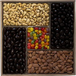 Rectangular snack tray with six compartments holding cashews, chocolate-covered nuts, colorful jelly beans, roasted almonds