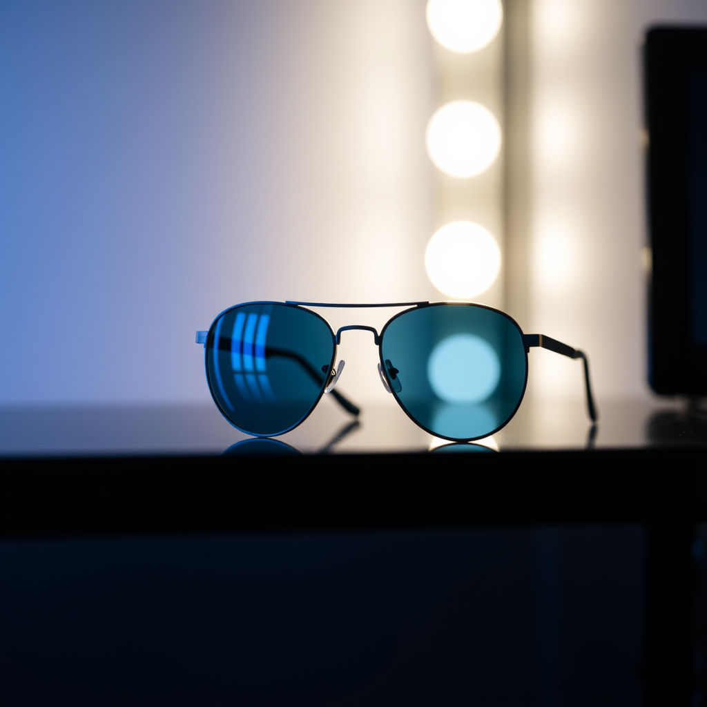 blue aviator sunglasses in optical showroom