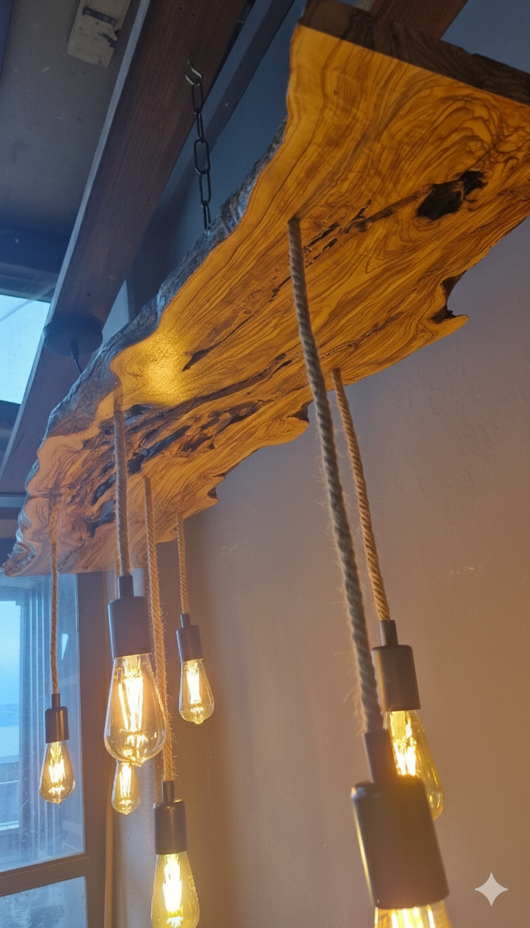 Miniaturbild: Live Edge Olive Wood Light Fixture For Kitchen Island, Rustic Unique PChandelier For Dining Table, Farmhouse Ceiling Light Fo