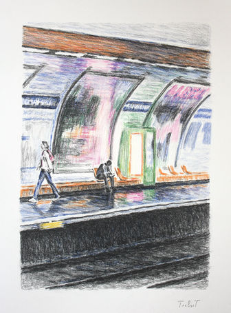 Jeux de lumière dans le métro. 2025 colored pencil and graphite on paper 53 x 37,5 cm. Lionel Tréboit