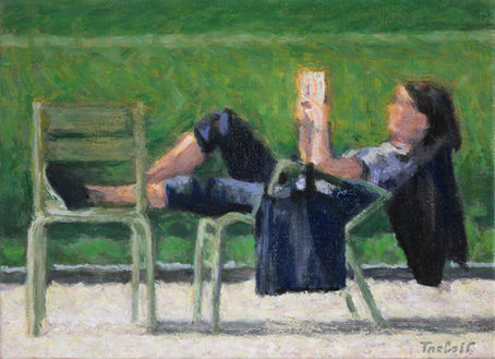 Lecture au Luco. 2024 oil on wood 16 x 22 cm. Lionel Tréboit