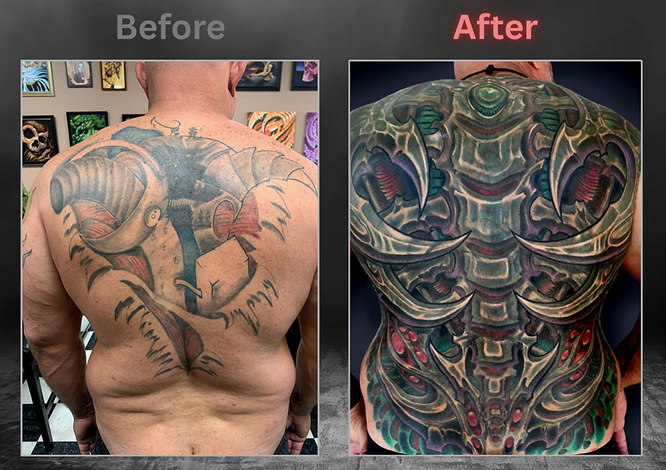Full Back cover up tattoo with biomechanical design by Joe Riley