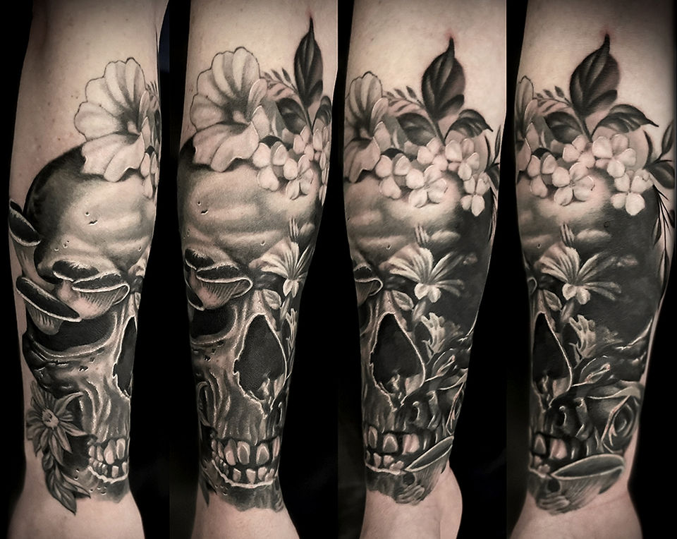 Surreal dark art black and grey skull with flowers by Josh Herrera