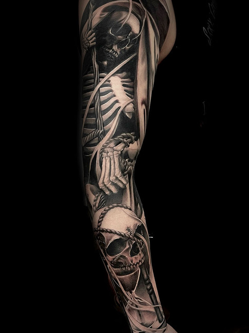 Black and Grey Grim Reaper tattoo by Josh Herrera