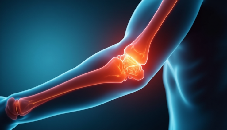 Close-up view of elbow showing inner side with highlighted pain area