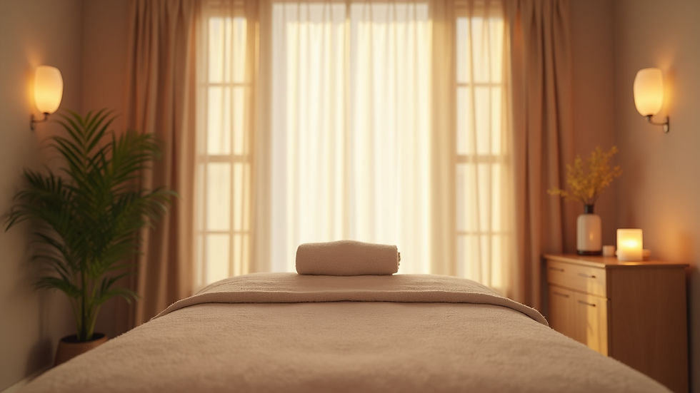 Eye-level view of massage room with calming decor and soft lighting