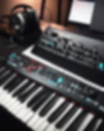 piano keyboard, dark, studio quality, studio lights, virtual camera beside keyboard, monit