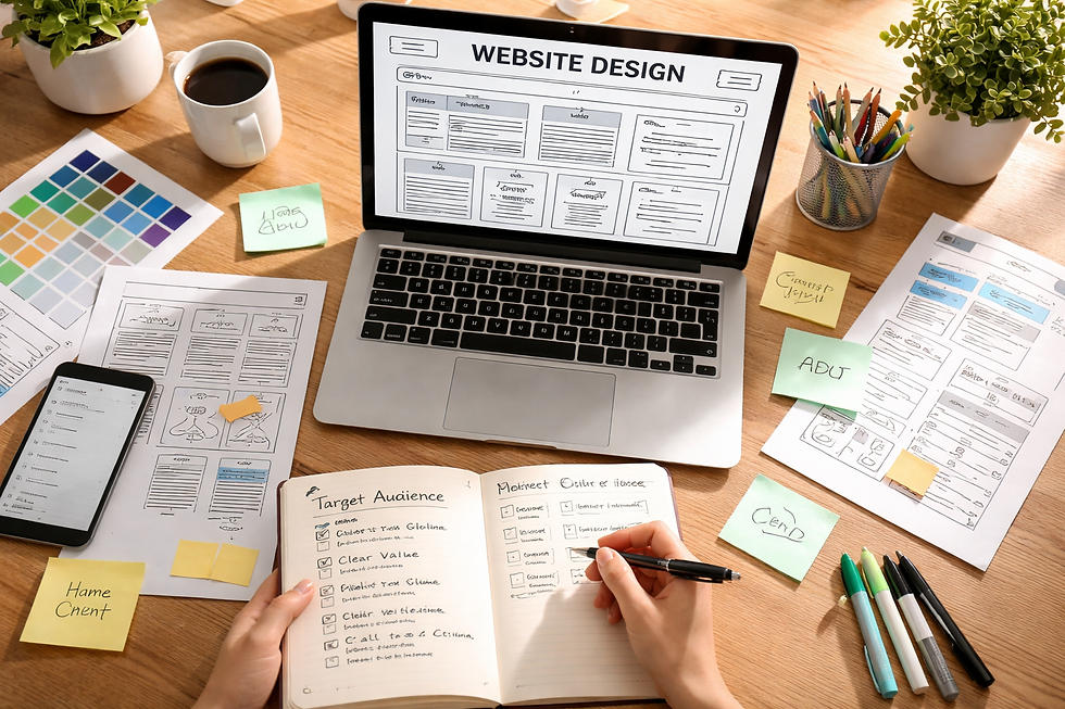 Laptop with website design mockup on screen, surrounded by sketches, color swatches, notes, and a cup of coffee on a wooden desk.