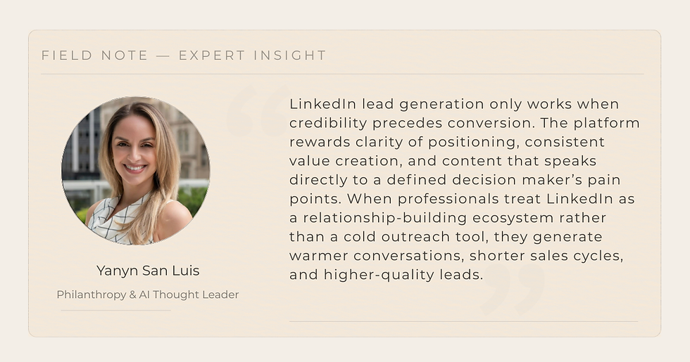 Smiling woman with long hair on the left. Text to the right discusses LinkedIn strategies for lead generation, credibility, and engagement.