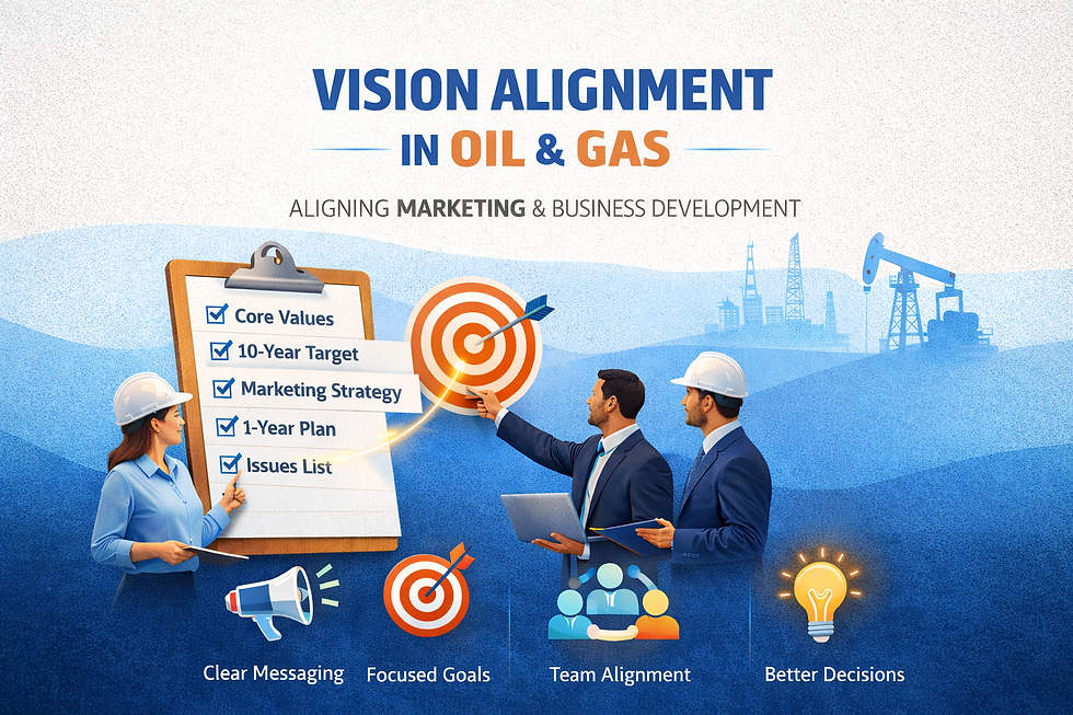 Business professionals discuss goals; clipboard lists core values. Background shows oil rigs. Text: Vision Alignment in Oil & Gas.