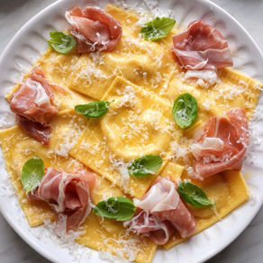 Prosciutto & Burrata Heart Ravioli with Basil