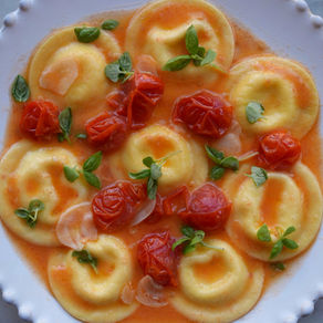 Caprese Ravioli, Whipped Ricotta, Burst Cherry Tomatoes & Basil