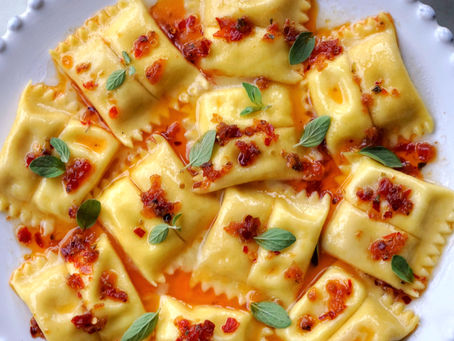 Roasted Garlic & Lemon Ricotta Ravioli Doppio with Calabrian Chili Crisp