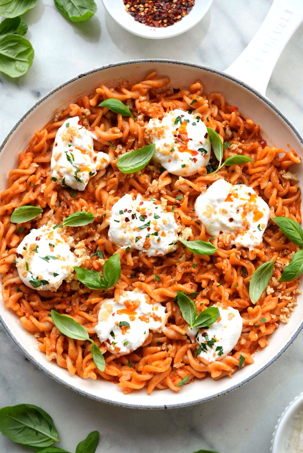 Roasted Garlic & Calabrian Chili Sourdough Fusilli with Burrata & Focaccia Breadcrumbs