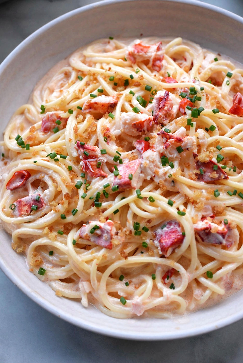 Creamy Lobster Spaghettini with breadrumbs and chives