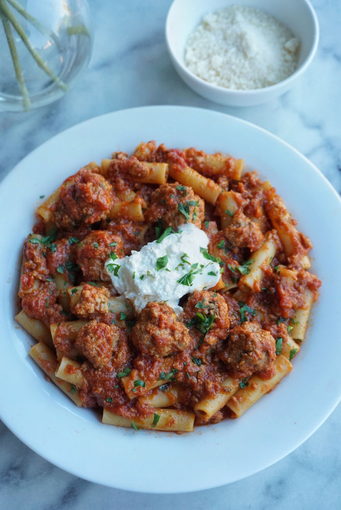 Mezzi Rigatoni with Mini Meatball Ragu & Robiola
