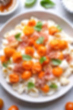 Roasted Sungold Tomato & Whipped Ricotta Lumache with Prosciutto & Hot Honey