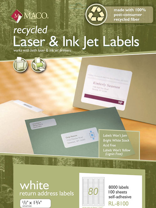 1284 Address Label Recycled Laser/Inkjet White Return Address Labels, 1/2