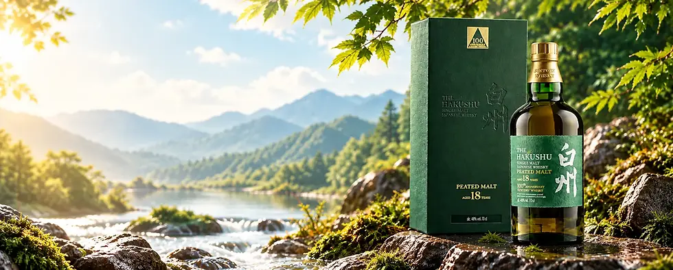 Hakushu Whisky in a Sunlit Alpine Valley.webp