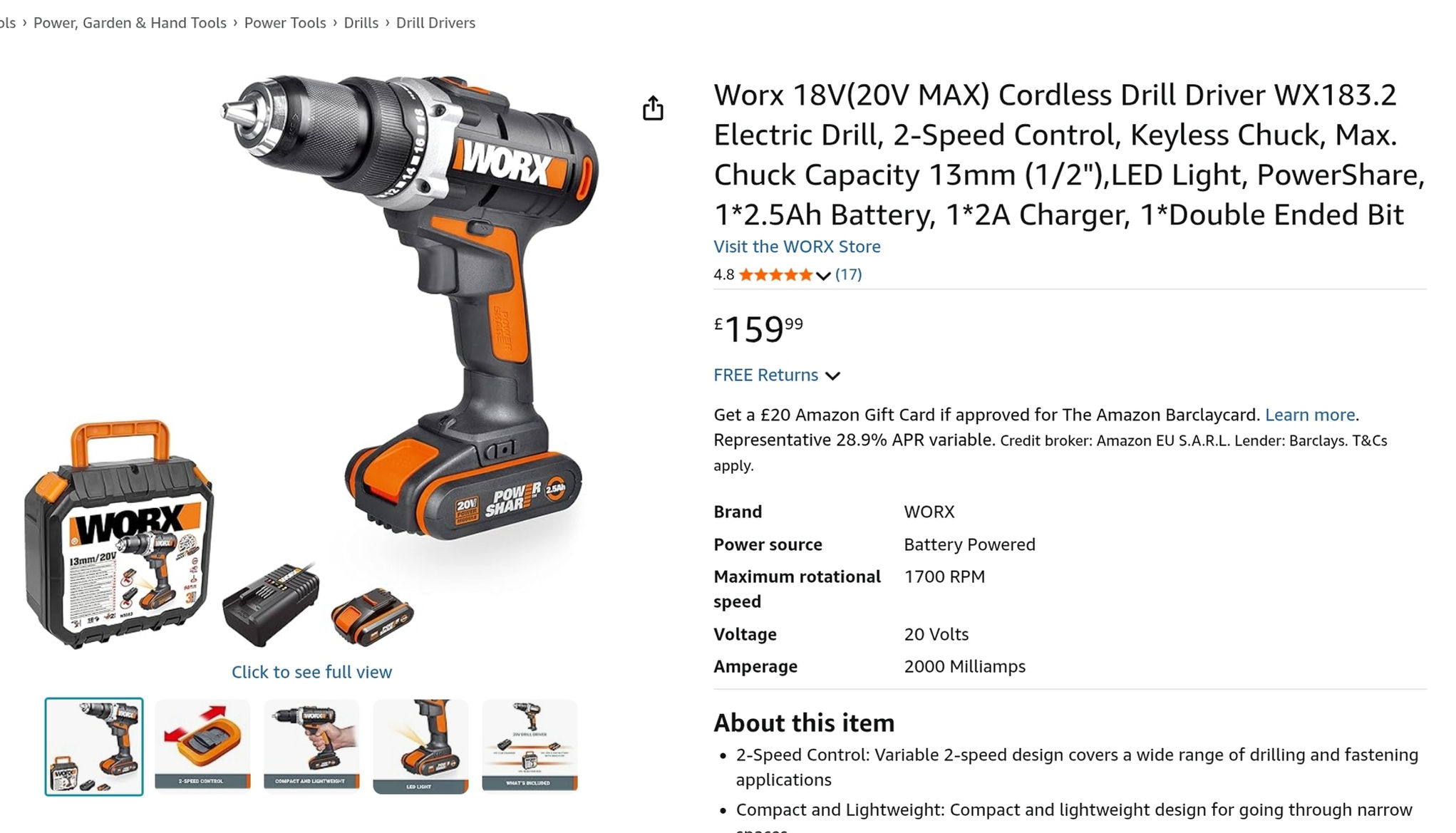 Worx 18V(20V MAX) Cordless Drill Driver WX183.2