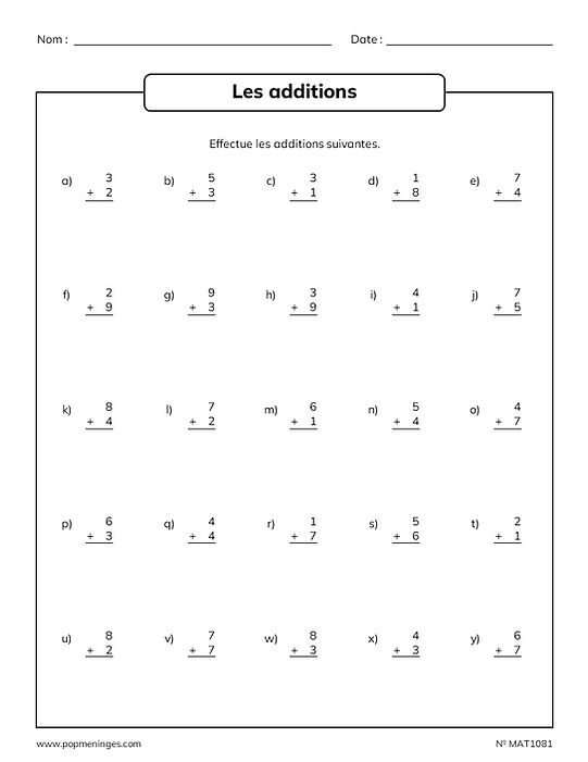 Addition à deux chiffres - Sommes inférieures à 14