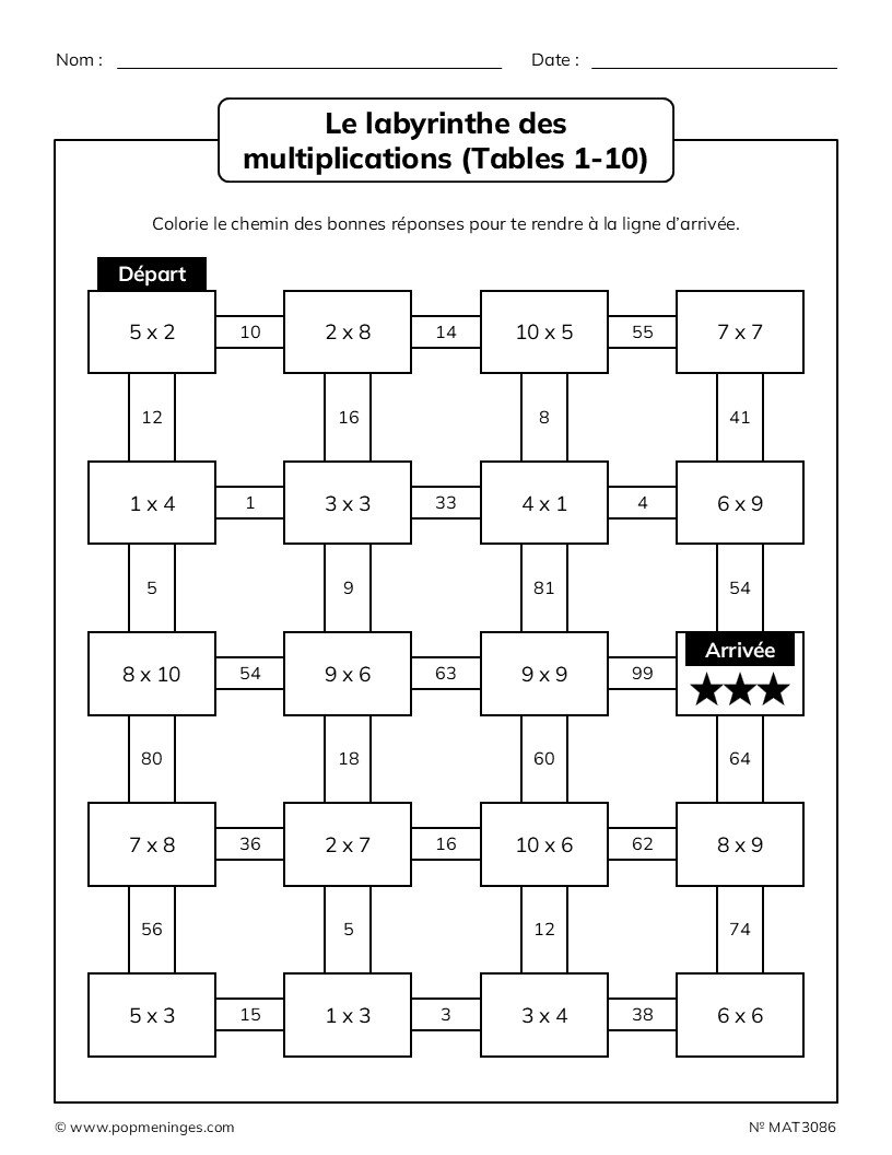 Le labyrinthe des multiplications - Tables 1 à 10 | PopMéninges