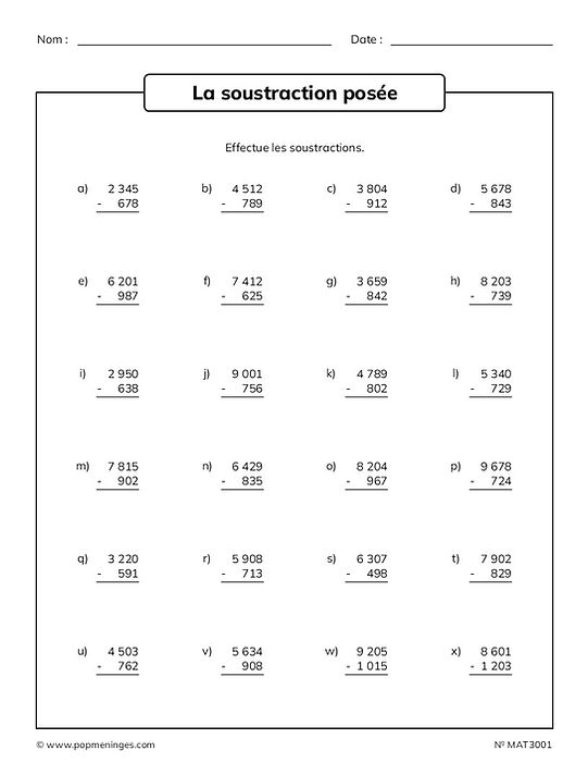 Soustraction posée de nombres à 3 et 4 chiffres (Fiche A)