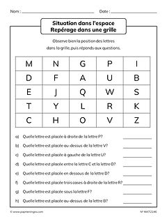 Situation dans l'espace - Repérage de lettres dans une grille