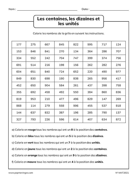 Les centaines, les dizaines et les unités - À colorier
