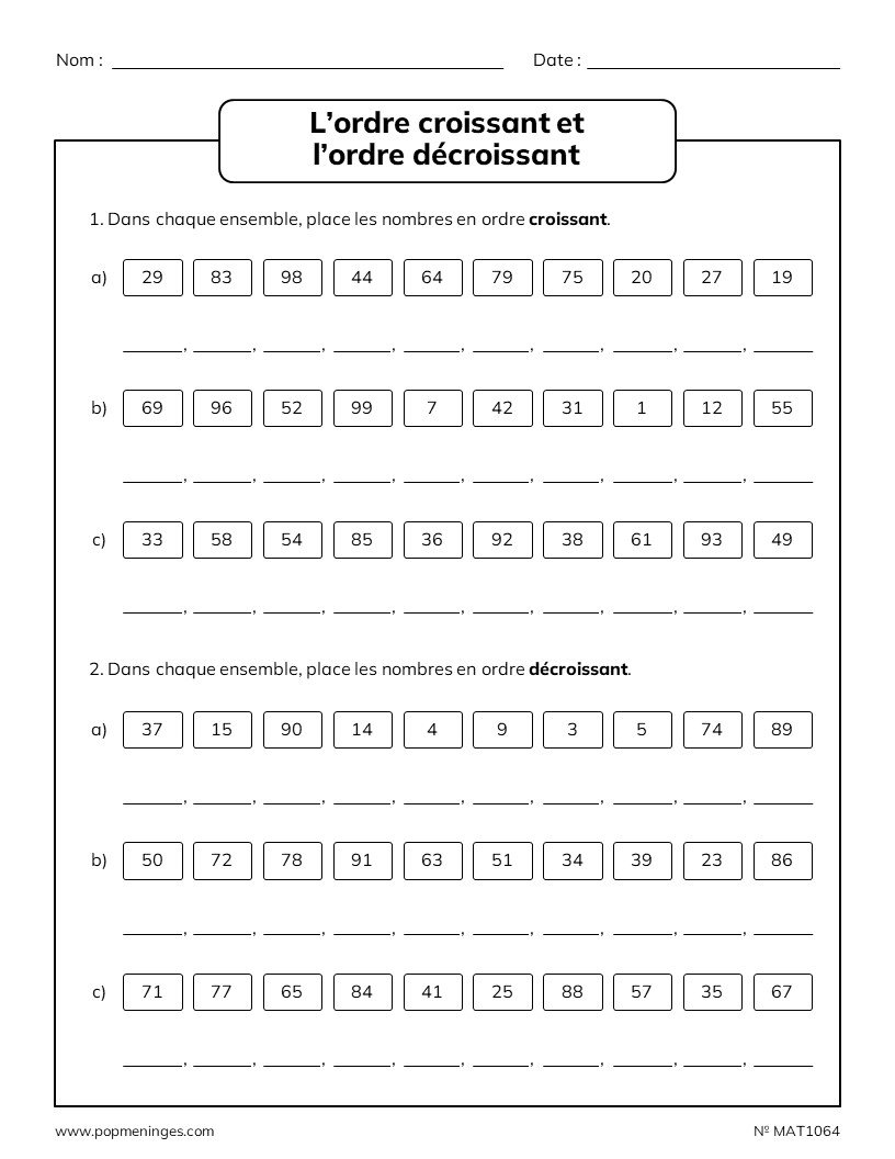 L'ordre croissant et décroissant - Nombres inférieurs à 100 | PopMéninges