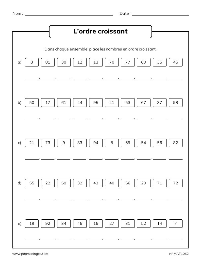 L'ordre croissant - Nombres inférieurs à 100 | PopMéninges