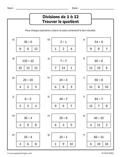 Divisions de 1 à 12 - Trouver le quotient