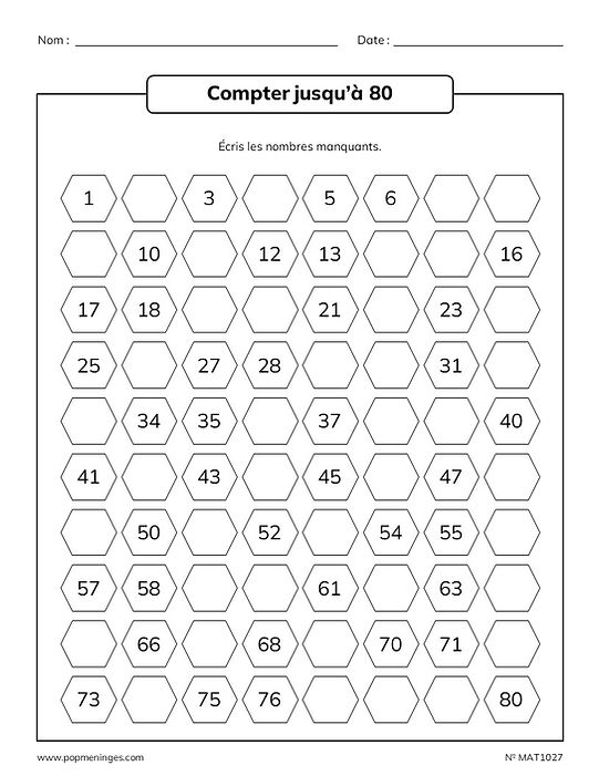 Compter jusqu'à 80 - Cases préremplies