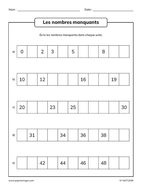 Les nombres manquants de 0 à 50 - Cases préremplies