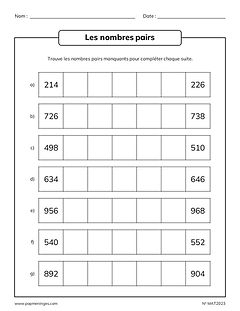 Les nombres pairs - Suites de nombres inférieurs à 1000