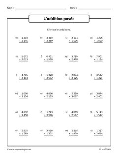 Addition posée de nombres à 4 chiffres