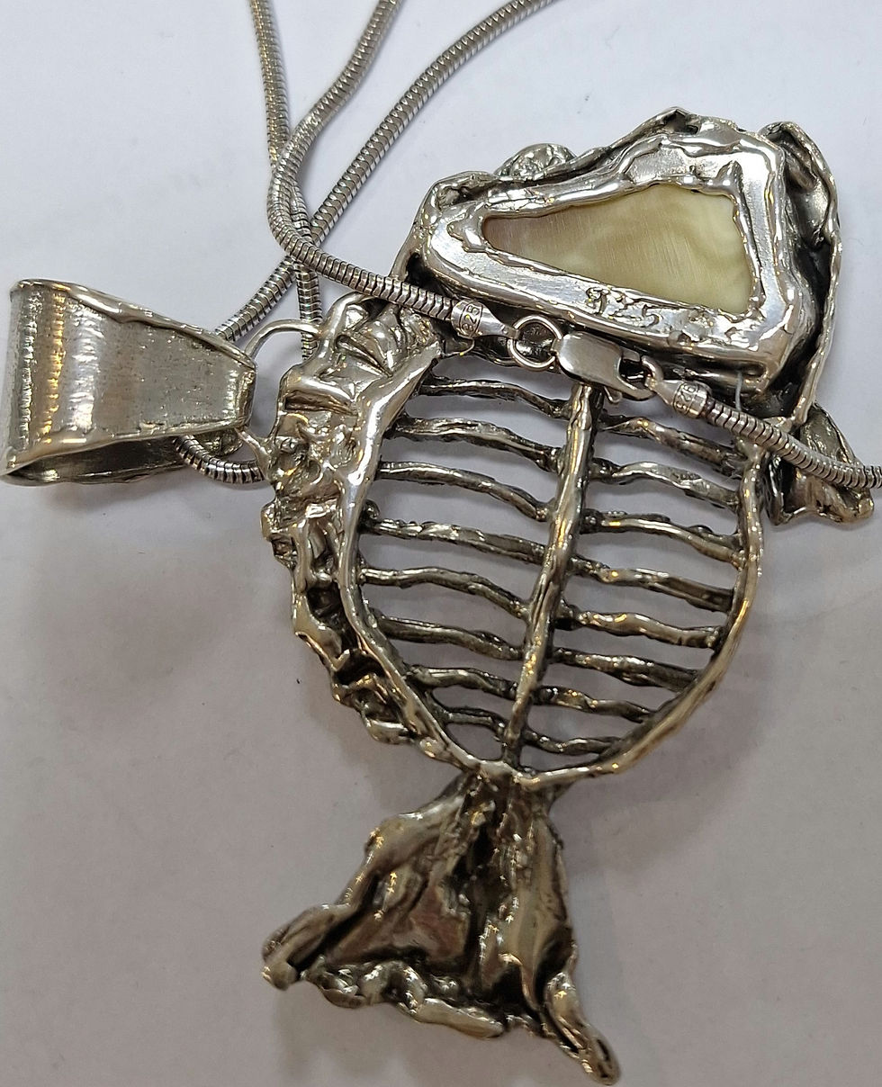 Thumbnail: S56.  Sterling Silver & Baltic Amber  fish pendant and chain 