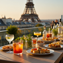 Cocktail dinatoire pour entreprise sur un rooftop à Paris, table garnie avec vue sur la Tour Eiffel au coucher du soleil.