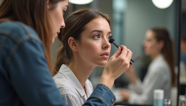Vista a nivel de ojo de estudiante practicando técnicas de maquillaje en academia maquillaje de Ontinyent