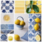Mood board with Portuguese blue tile wedding theme, combined with lemons