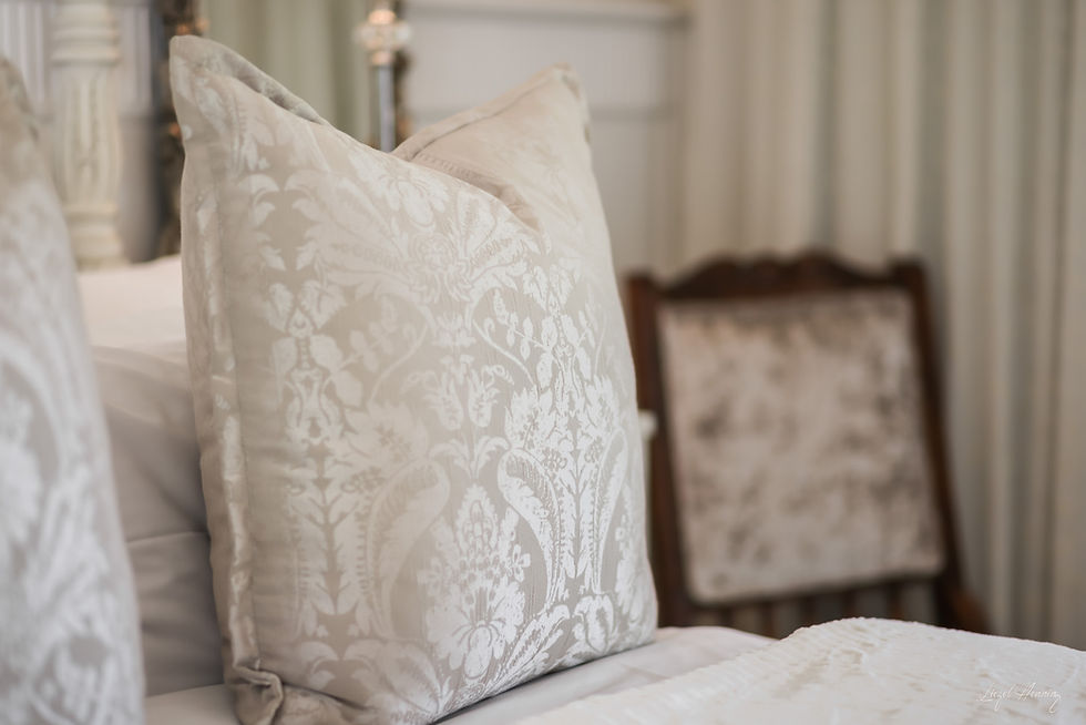 Elegant patterned pillow on guesthouse bed