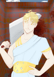 Blonde haired man with a white toga on with gold straps, and a gold belt with stars. He is holding a large sword and smirking